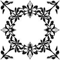 symmetrical black and white floral ornament, a decorative border with abstract flower motifs and a central circular void. vector