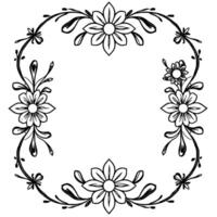 intricate black and white floral frame, featuring symmetrical flower arrangements with detailed petal and leaf patterns, forming an elegant border. vector