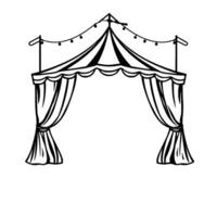 art illustration of a black and white carnival entrance archway with draped curtains, scalloped valance, and string lights, evoking festive vibes. vector