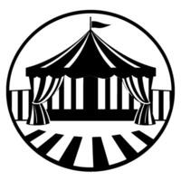 circular black and white circus tent with striped curtain and a flag on top, simple and decorative . vector
