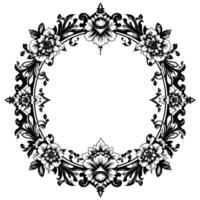 ornate black and white floral wreath detailed pen and ink drawing of peonies, vines, and scrollwork, forming a circular frame. vector