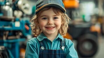 Young child in work clothes smiles in a mechanical workshop The picture shows a hopeful future for the child and the mechanical field photo