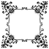 elegant black and white floral frame with detailed corner designs and negative space center for text or imagery. vector