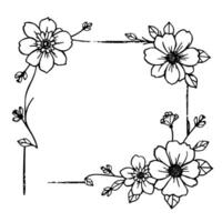 elegant floral border illustration, featuring delicate line art of blossoming flowers and leaves, arranged in a rectangular decorative frame, perfect for use. vector