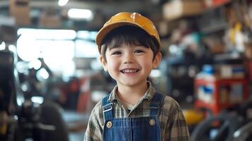 Smiling young boy dressed in work clothes and a helmet in a workshop setting embodying aspirations and a future of creation photo