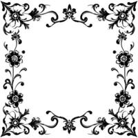 elegant black and white floral frame with symmetrical flower designs, stylized leaves, and scrolling decorative elements, perfect for invitations or announcements. vector