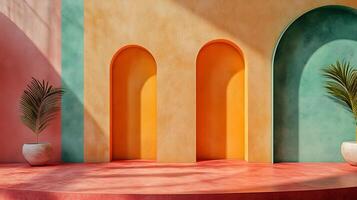 A colorful room with two arched openings and a plant in a vase photo