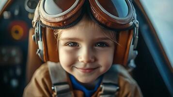 Young girl pilot with vintage goggles smiles confidently ready for adventure and soaring through the skies in her imaginary airplane photo