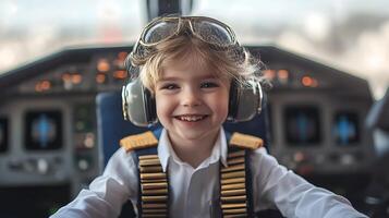 A young child dressed as an aviator beams from the cockpit dreams taking flight confidence radiating through a playful smile photo