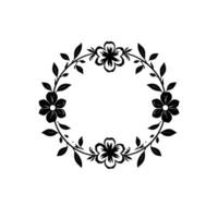 black white floral wreath a symmetrical, minimalist illustration featuring four stylized flowers and surrounding leaves arranged in a circular pattern on a clean white background. vector