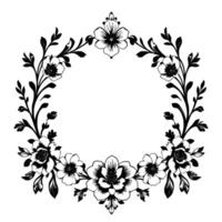elegant floral wreath a symmetrical black and white illustration featuring stylized flowers, leaves, and vines arranged in a circular frame, providing a classic decorative element. vector