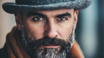 Close-up portrait of a man with a hat dark beard and piercing eyes capturing his serious expression and distinctive features photo
