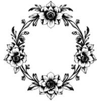 intricate black and white floral wreath illustration featuring detailed botanical elements and a central, empty space for text or . vector