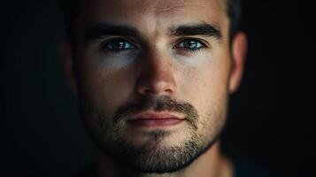 Intense portrait of a man with piercing eyes and a short beard captured with dramatic lighting and a dark background photo