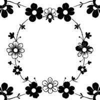 monochromatic floral wreath with alternating black and white flowers, creating a circular border around blank space, and floral elements on corners. vector