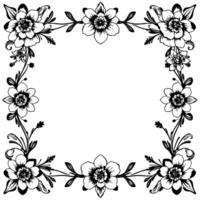 intricate black and white floral border with square composition, adorned with detailed flower and leaf elements. vector