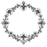 ornate black and white floral wreath artistic, handdrawn with detailed petals and stemwork, creating elegant circle frame. vector