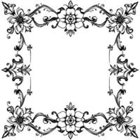 intricate black and white floral border, symmetrical with detailed flowers, vines, and scrollwork, perfect frame. vector