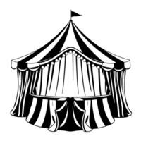 black and white illustration of a classic striped circus tent, featuring a flag, string lights, and draped entrance. vector