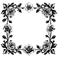 elegant black and white floral frame border , stylized roses and blossoms create a symmetrical decorative arrangement with blank center space. vector
