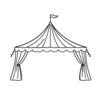 simple, handdrawn illustration of a circus tent, featuring a scalloped awning, draped curtains, and a small flag atop the central pole. vector