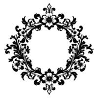 ornate black white floral frame, circular composition with detailed leafy scrolls and delicate flower motifs on white backdrop. vector