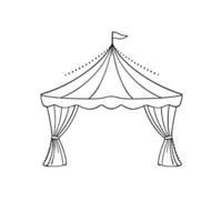 blackandwhite handdrawn circus tent with draped curtains, flag, and dot decorations, simple and playful illustration. vector