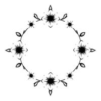 a symmetric floral wreath in a minimalist style, featuring stylized blooms and leaves arranged in a circular frame on a clean white background. vector