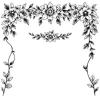 elegant black and white floral frame featuring flowers, leaves, and vines, perfect for invitations and creative projects. vector