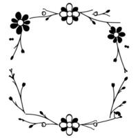 a delicate, black and white floral wreath , showcasing a simple frame formed with stylized flowers and branches on a clean white background. vector