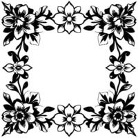 black and white floral frame intricate botanical border featuring stylized flowers, leaves, and stems, creating a decorative square with a central blank space. vector