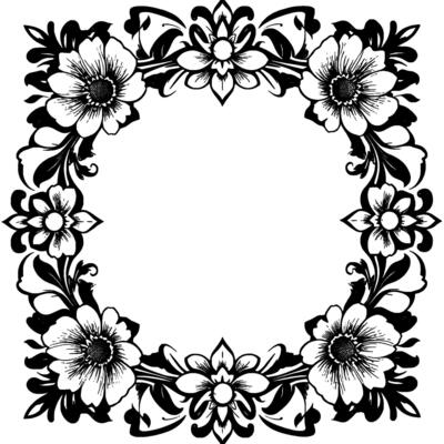 elegant black and white floral frame featuring detailed blossoms, leaves, and ornamental flourishes, perfect for invitations or decorative designs.