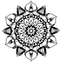 detailed black and white mandala with concentric floral patterns and symmetrical elements, rendered against a white background, suggestive of meditation and spirituality. vector