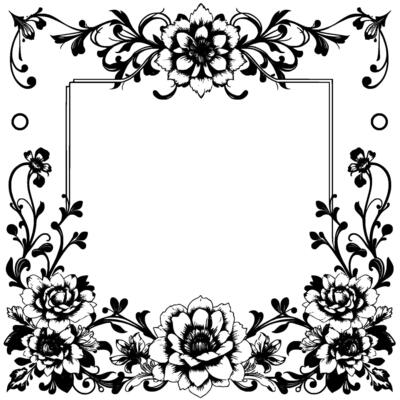 intricate black and white floral frame with peonies, vines, and delicate leafy accents, enclosing a blank square, classic ornamental .