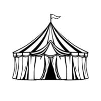 bold black and white illustration of a classic circus tent with flag, lines, curtains, and dramatic entryway on a clean white background. vector