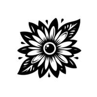 Stylized Black and White Floral with a Central Eyelike Element, Surrounded by Petals and Leaf Accents. vector