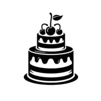 Black and white minimalist illustration of a twotiered cake decorated with cherries on top, showcasing a clean and delicious confectionery. vector