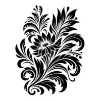 Intricate Black Floral Ornament with Spirals and Leaves Against a Clean White Background, Showcasing Graphics. vector