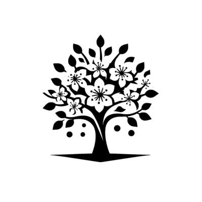 Stylized monochrome illustration of a flowering cherry tree with leaves and blossoms against a pale background, evoking natures beauty.