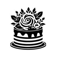 Elegant Monochrome Cake Layered dessert with floral and leaf accents, decorative elements, and striped base, isolated on white. vector