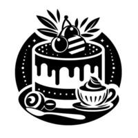 Stylized black and white illustration of a layered cake with cherry topping, drip icing, cup of cream, and decorative spoon within a circle. vector