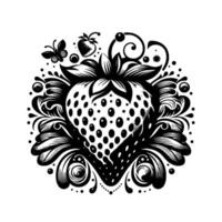Elegant Black and White Botanical Illustration Featuring a Detailed Strawberry with Decorative Floral Elements, Butterfly and Berries on a White Background. vector