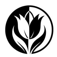 Symmetric Floral Yin Yang with Two Tulip Blossoms in a Black and White Circular Composition. vector