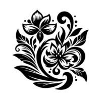 Elegant Floral Black and White with Intricate Petals, Leaves, and Swirls, Perfect for Decorative Patterns. vector