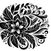 Elegant Black and White Floral Mandala with Central Flower and Intricate Leaf and Swirl Elements. vector