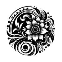Intricate black and white floral mandala , showcasing a centered, detailed flower amidst swirling leaves and decorative elements, set against a plain white background. vector