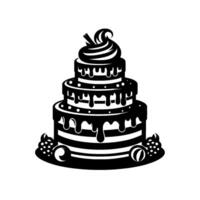 A layered, monochromatic cake illustration with dripping chocolate and decorative elements, on a white backdrop. vector