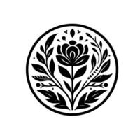 Bold, symmetrical floral emblem in black and white, featuring a stylized rose at the center surrounded by leaves, berries, and decorative elements within a circular frame. vector
