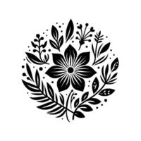 Black and white circular floral featuring a large central flower surrounded by various leaves and botanical elements, creating a symmetrical, elegant composition on a white background. vector