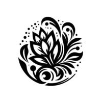 Ornate Black and White Floral Symmetrical Composition of Petals, Leaves, and Swirls, Centered on a White Background vector